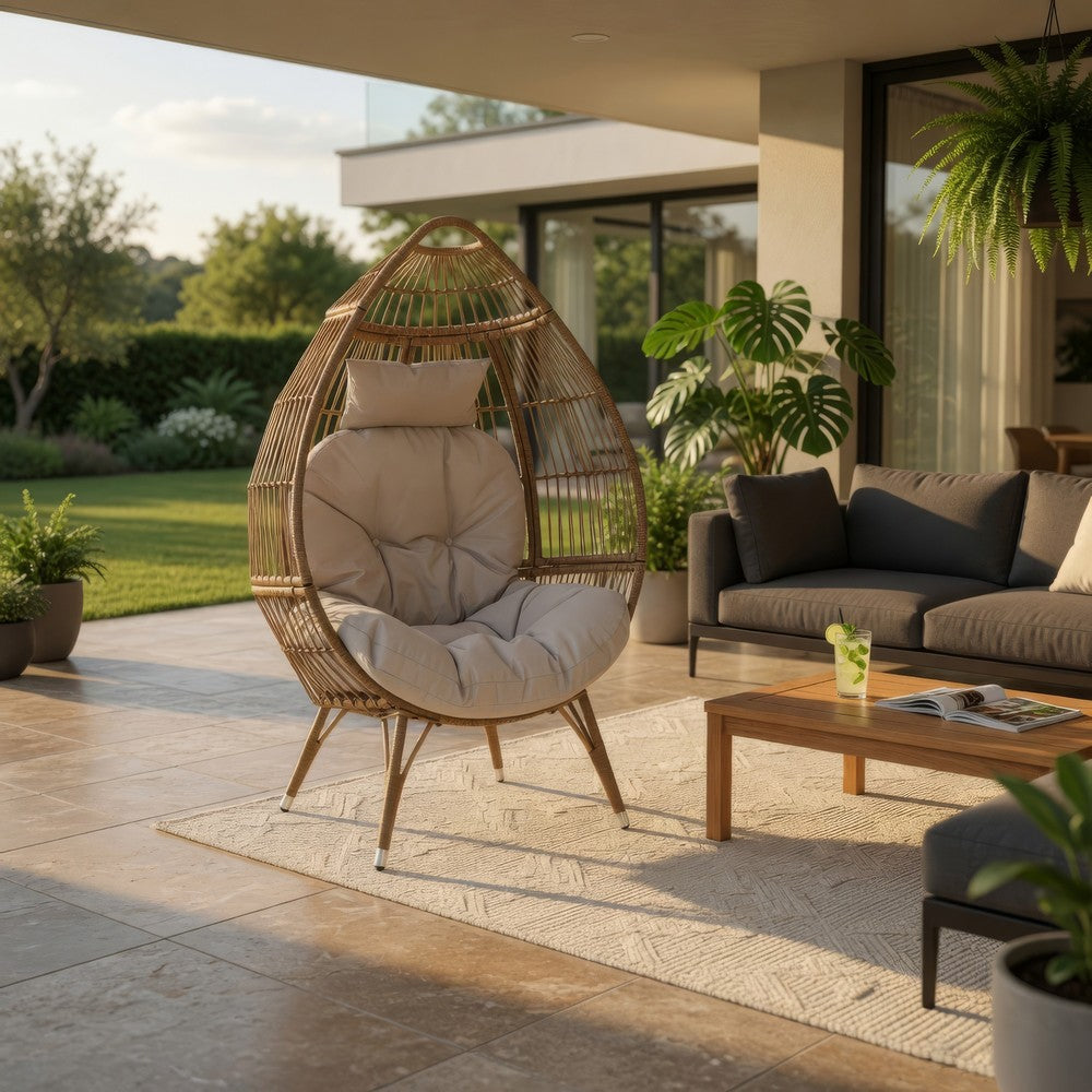 Outdoor Accent Chair, Teardrop Cocoon w Beige Pillow, Brown PE Rattan