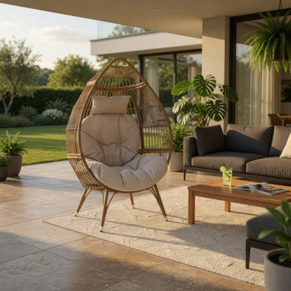 Outdoor Accent Chair, Teardrop Cocoon w Beige Pillow, Brown PE Rattan