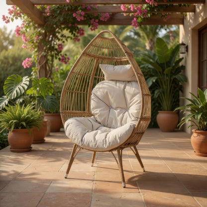 Outdoor Accent Chair, Teardrop Cocoon w Beige Pillow, Brown PE Rattan
