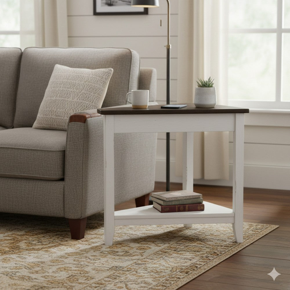 Orso Chairside Table, Shelf, 24 Inch Angled Brown Top, White Mahogany