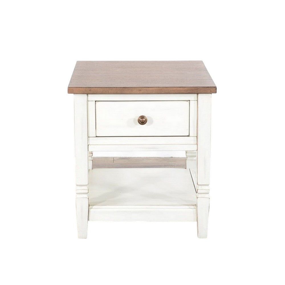 Dean Side End Table w Shelf, Drawer, 26 Inch Rectangular Brown, White