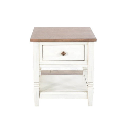 Dean Side End Table w Shelf, Drawer, 26 Inch Rectangular Brown, White