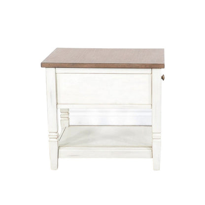 Dean Side End Table w Shelf, Drawer, 26 Inch Rectangular Brown, White