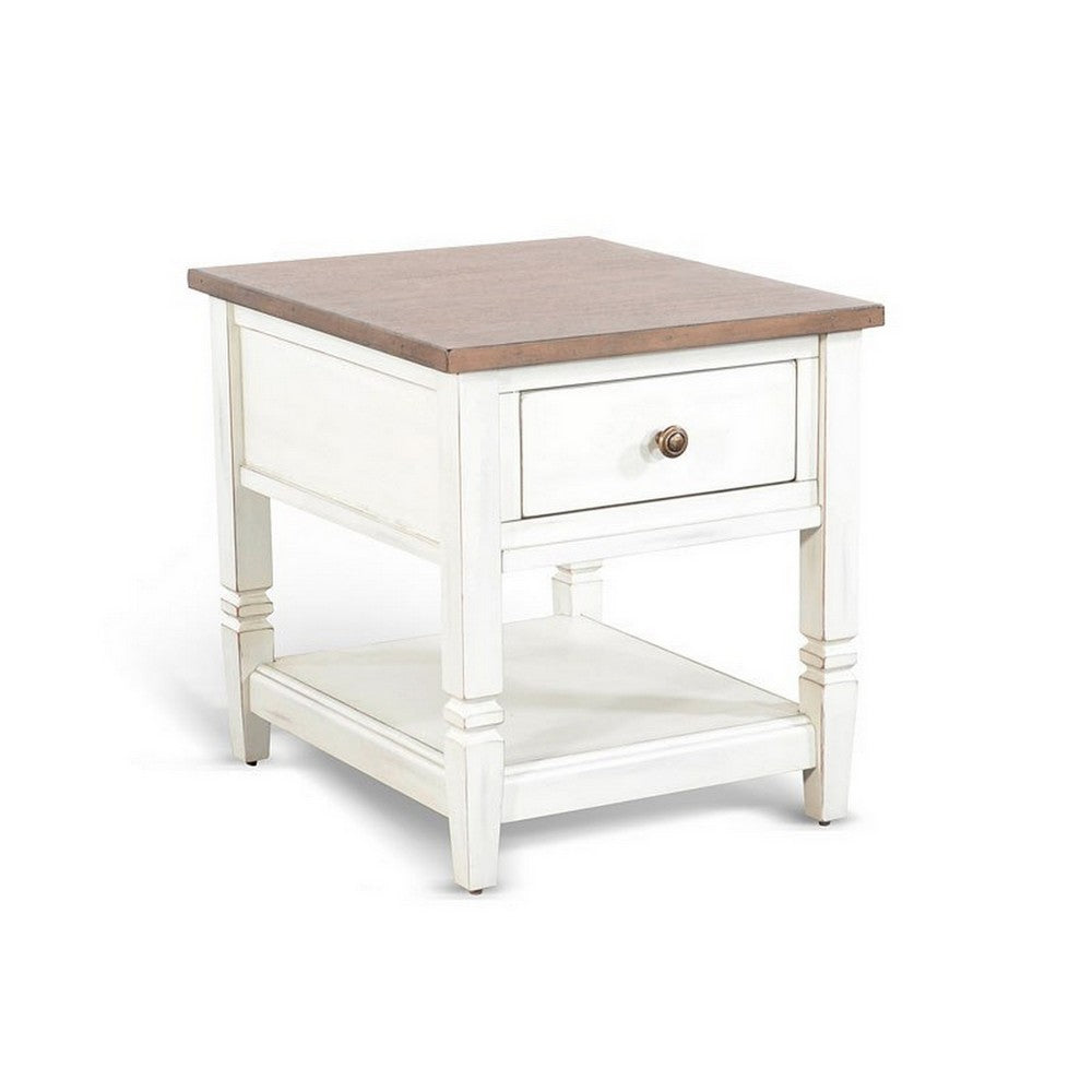 Dean Side End Table w Shelf, Drawer, 26 Inch Rectangular Brown, White