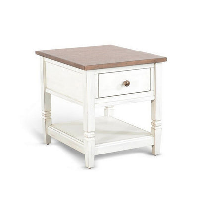 Dean Side End Table w Shelf, Drawer, 26 Inch Rectangular Brown, White