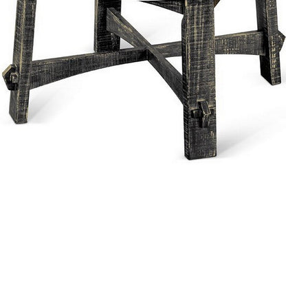 Rena Coffee Table, 36 Inch Round Top, Distressed Rustic Black Wood