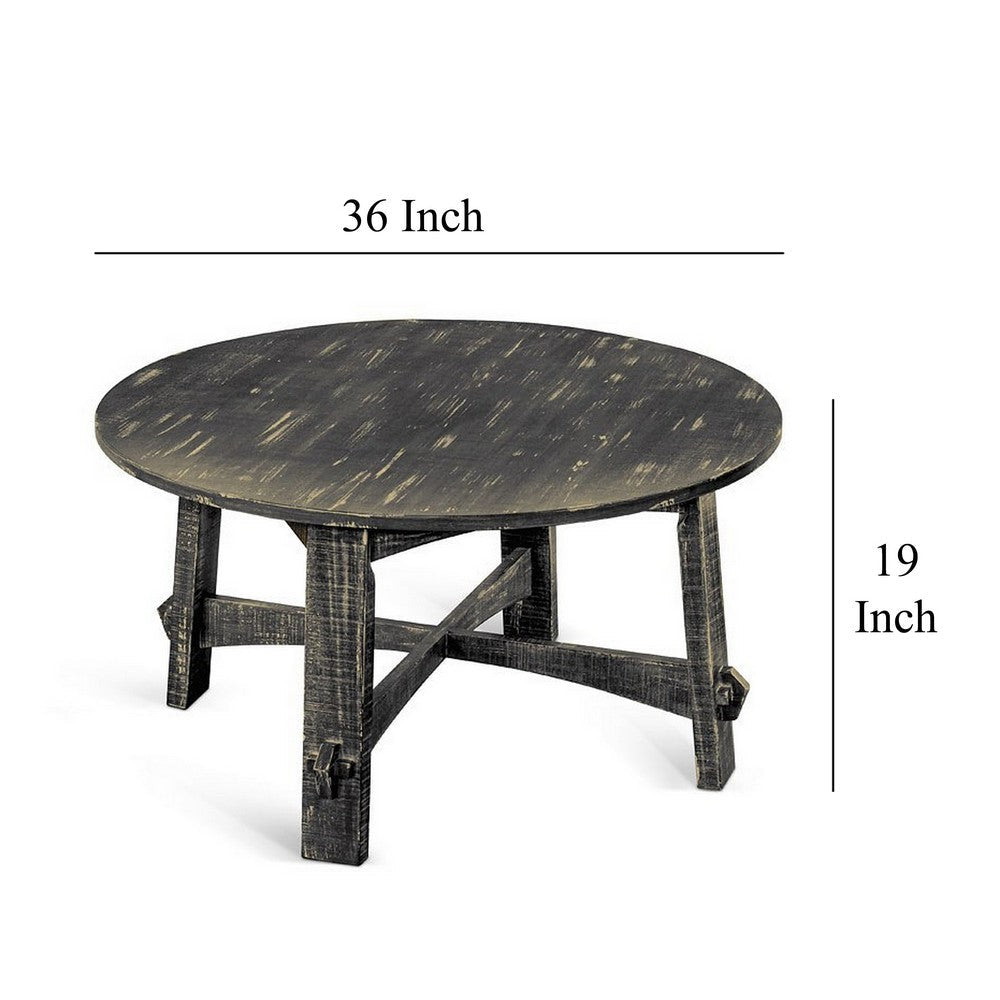Rena Coffee Table, 36 Inch Round Top, Distressed Rustic Black Wood