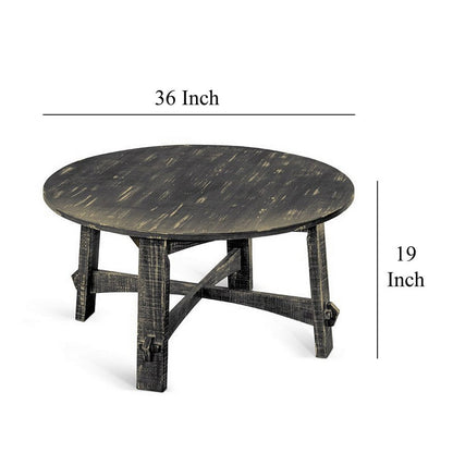 Rena Coffee Table, 36 Inch Round Top, Distressed Rustic Black Wood
