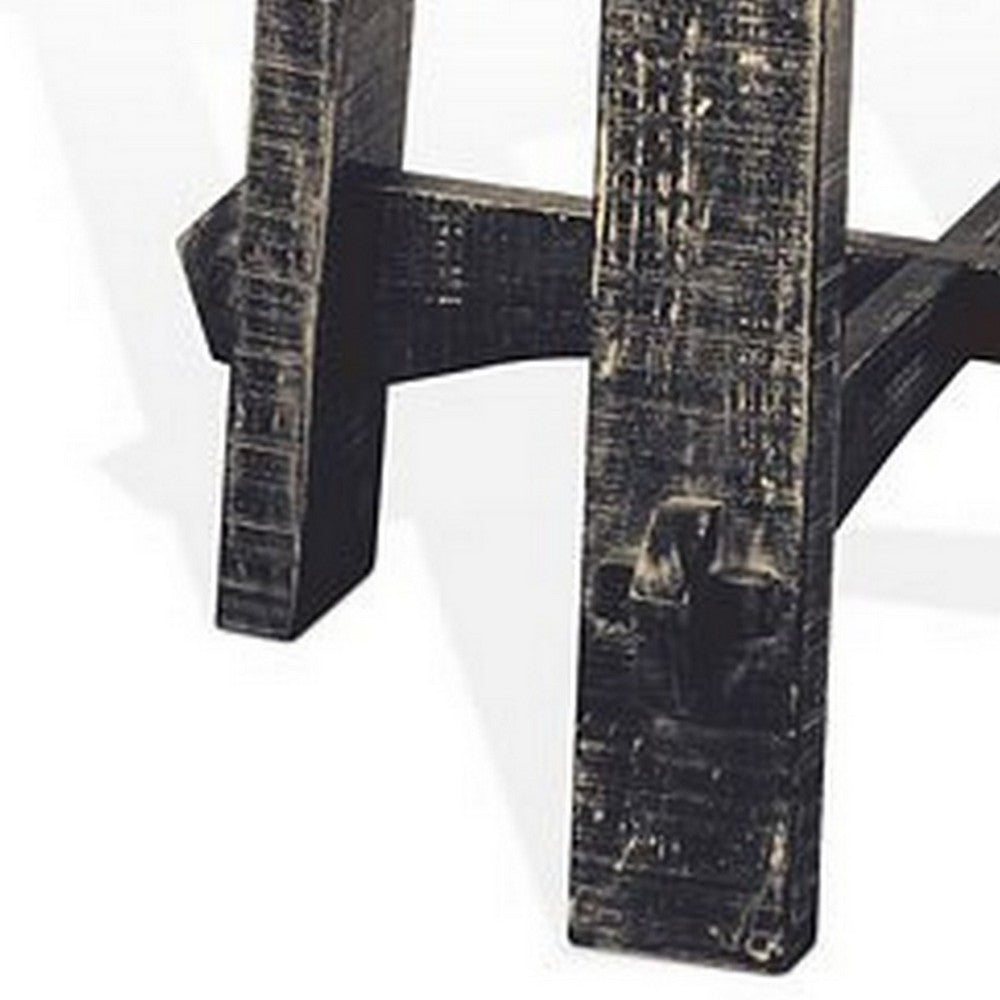 Rena Side End Table, X Legs, 24in Round, Distressed Rustic Black Wood