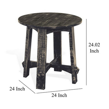Rena Side End Table, X Legs, 24in Round, Distressed Rustic Black Wood