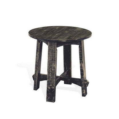 Rena Side End Table, X Legs, 24in Round, Distressed Rustic Black Wood