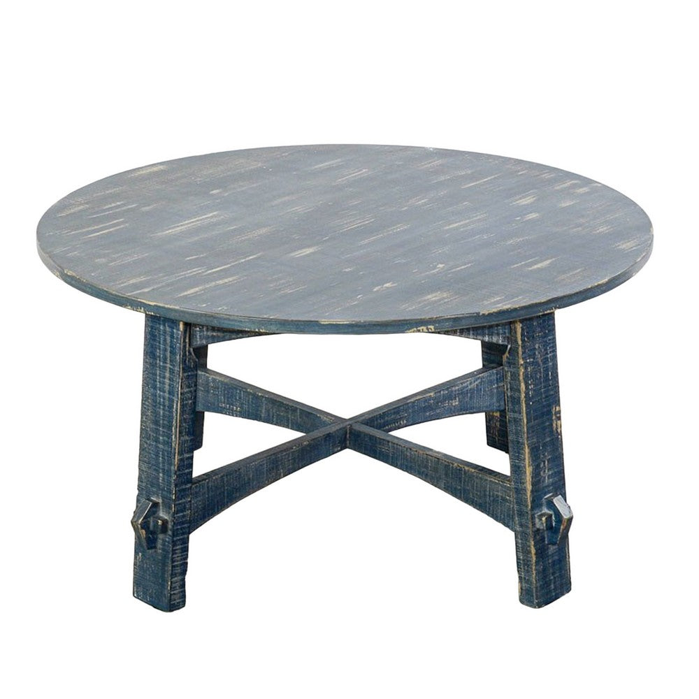 Rena Rustic Coffee Table, 36 Inch Round Top Distressed Ocean Blue Wood