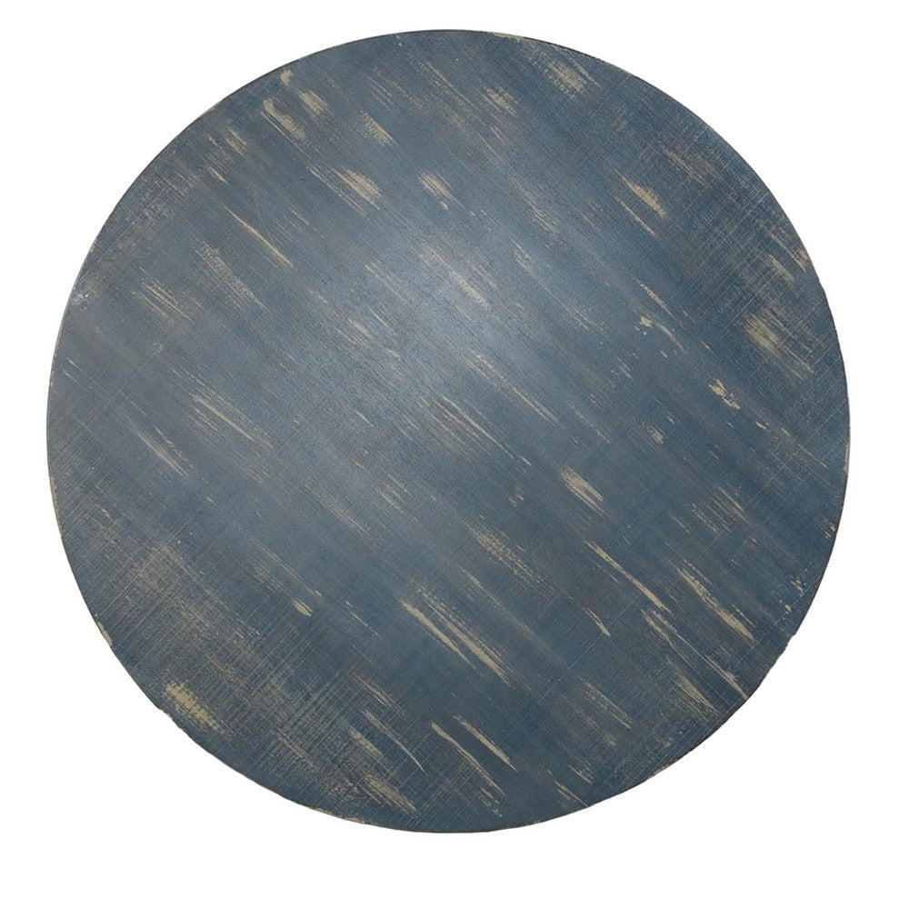Rena Rustic Coffee Table, 36 Inch Round Top Distressed Ocean Blue Wood