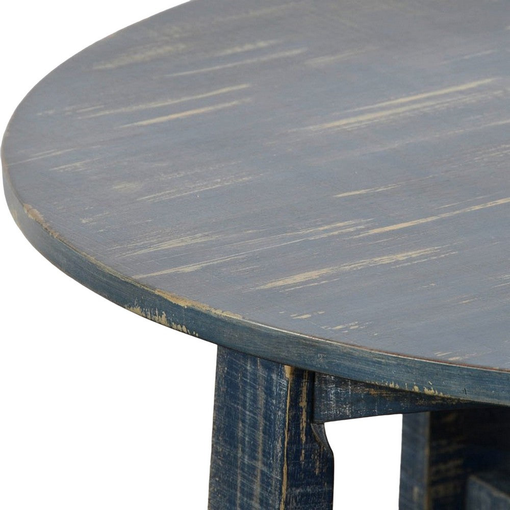Rena Rustic Coffee Table, 36 Inch Round Top Distressed Ocean Blue Wood