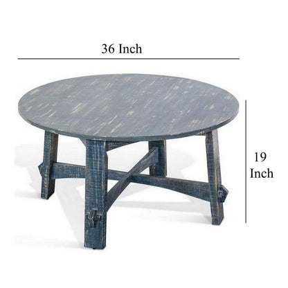 Rena Rustic Coffee Table, 36 Inch Round Top Distressed Ocean Blue Wood