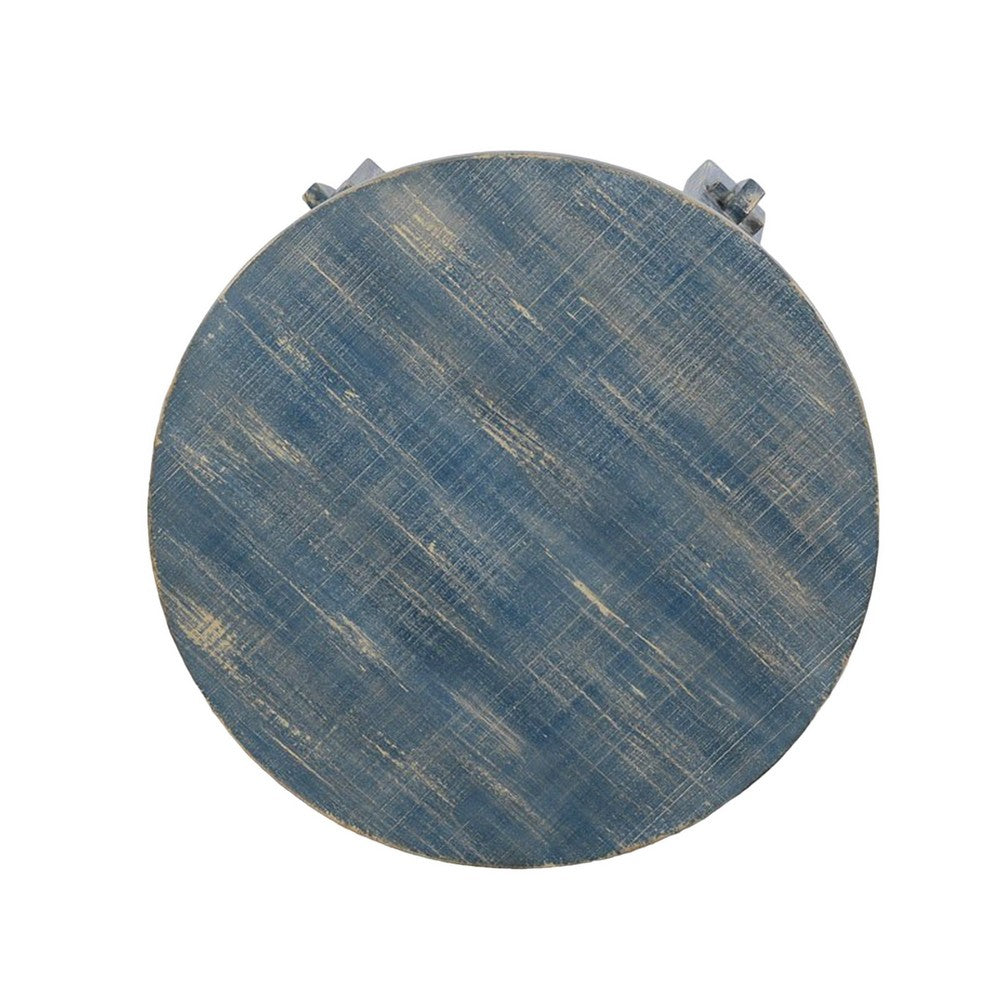 Rena Side End Table, 24 Inch Round Top, Rustic Distressed Blue Wood