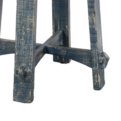 Rena Side End Table, 24 Inch Round Top, Rustic Distressed Blue Wood