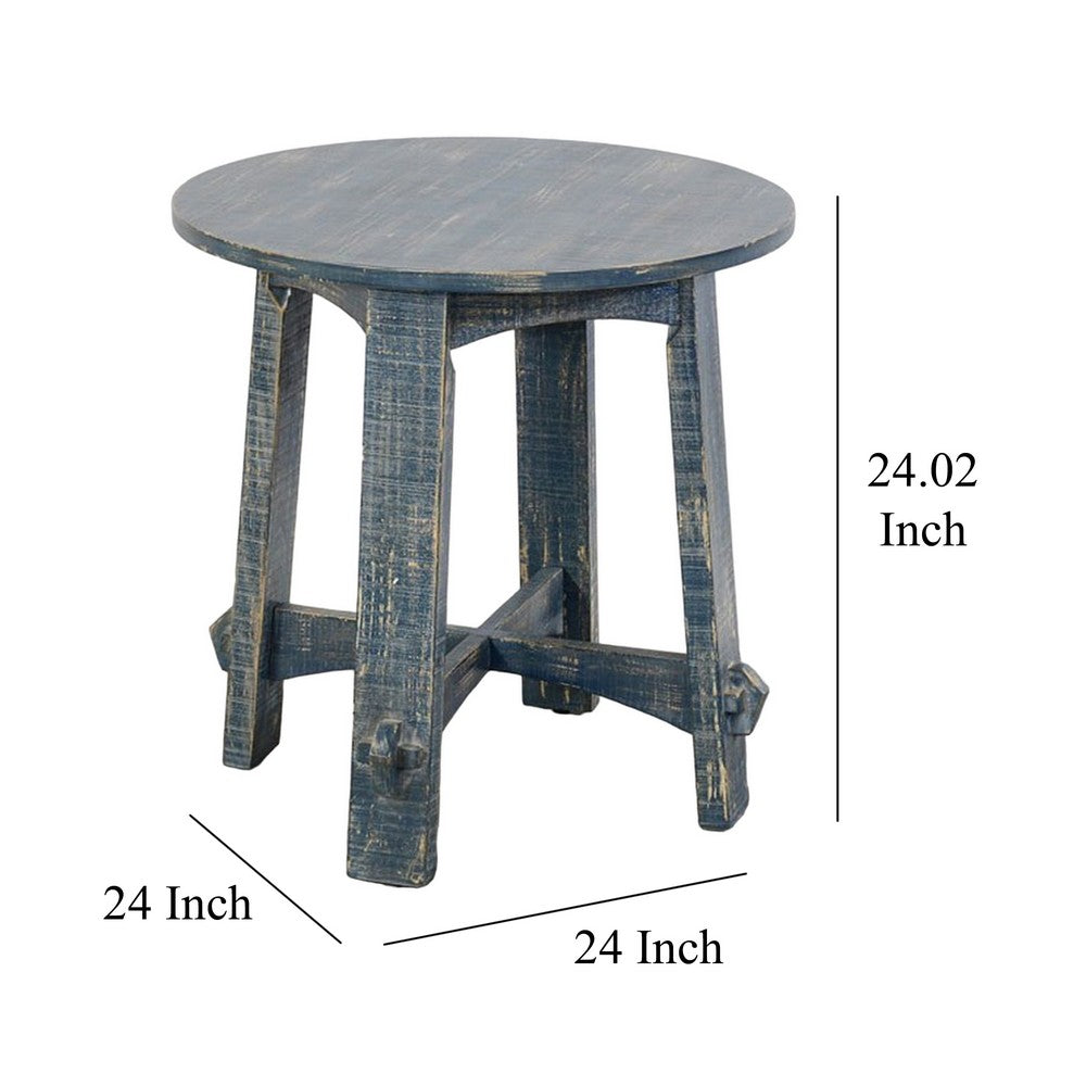 Rena Side End Table, 24 Inch Round Top, Rustic Distressed Blue Wood