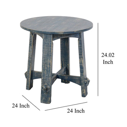 Rena Side End Table, 24 Inch Round Top, Rustic Distressed Blue Wood