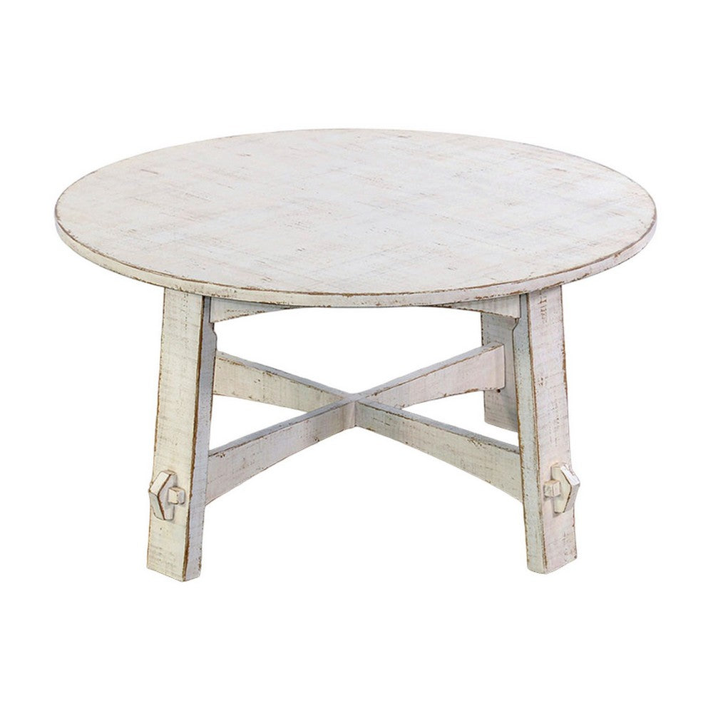 Rena Rustic Coffee Table, 36 Inch Round Top, Distressed White Wood