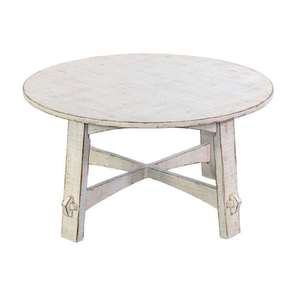 Rena Rustic Coffee Table, 36 Inch Round Top, Distressed White Wood