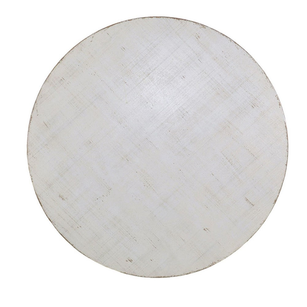 Rena Rustic Coffee Table, 36 Inch Round Top, Distressed White Wood