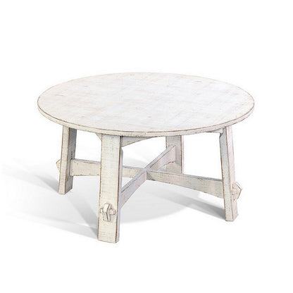 Rena Rustic Coffee Table, 36 Inch Round Top, Distressed White Wood