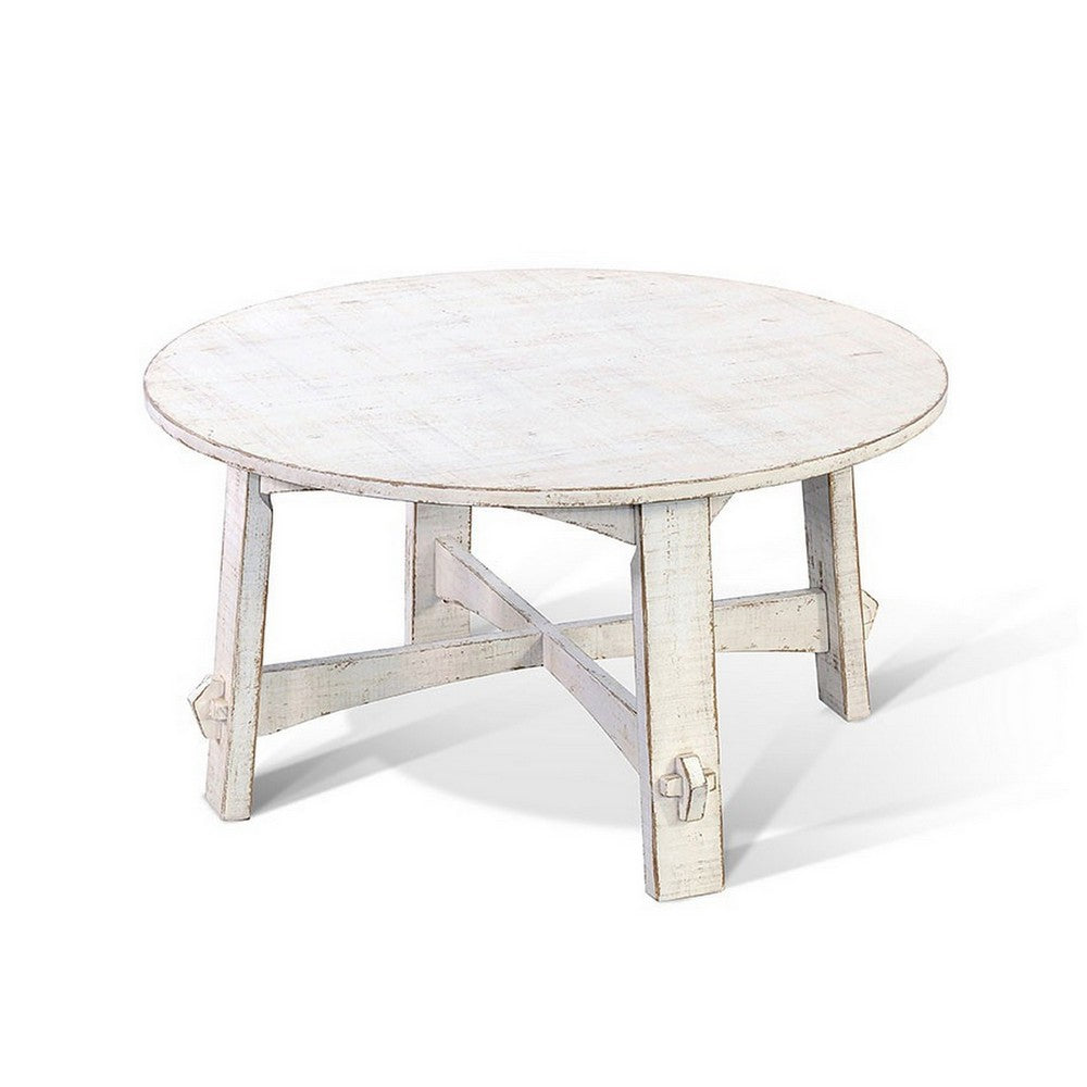 Rena Rustic Coffee Table, 36 Inch Round Top, Distressed White Wood