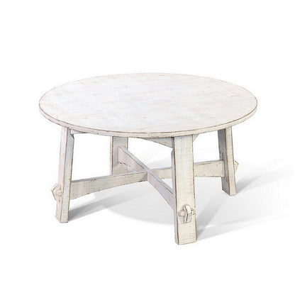 Rena Rustic Coffee Table, 36 Inch Round Top, Distressed White Wood