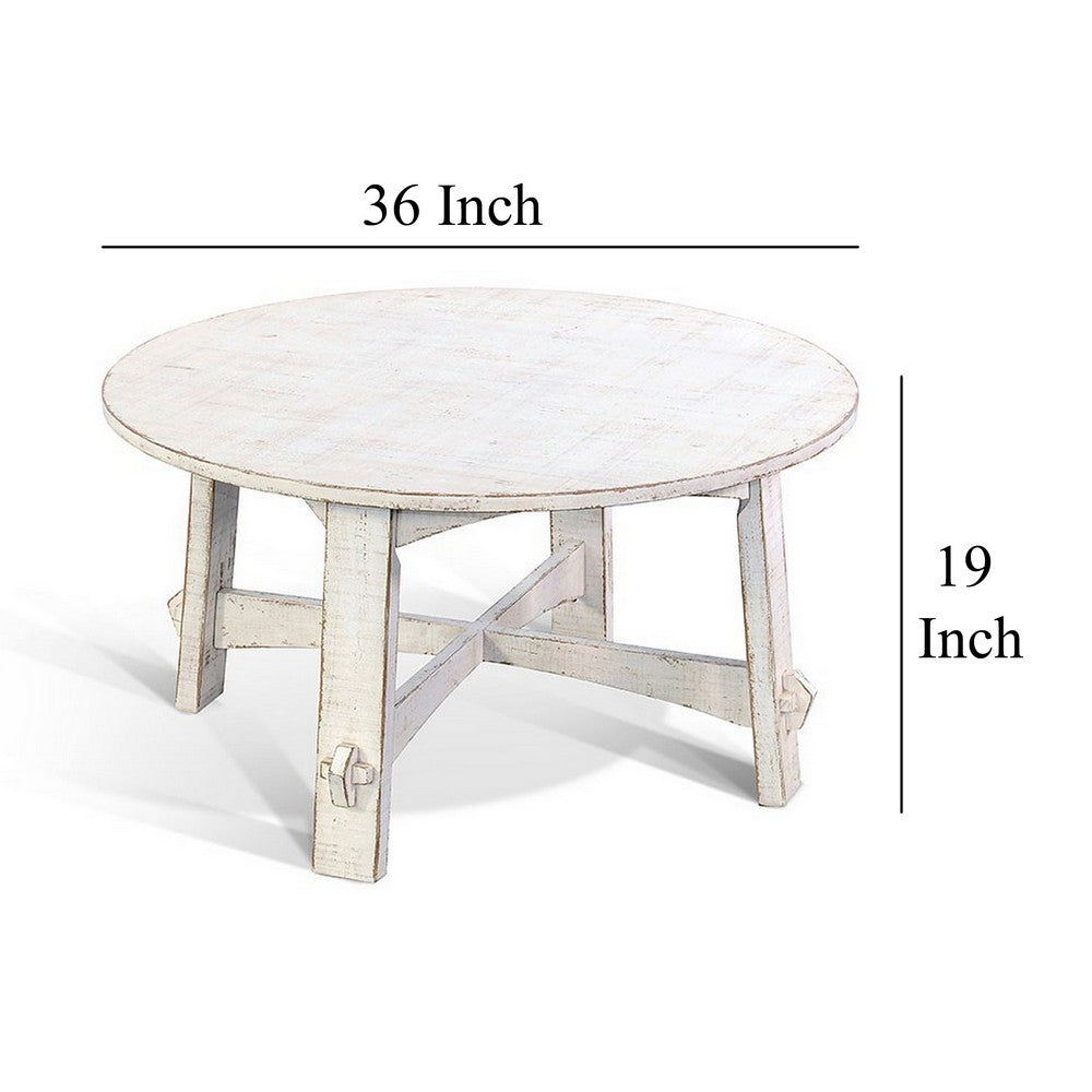 Rena Rustic Coffee Table, 36 Inch Round Top, Distressed White Wood