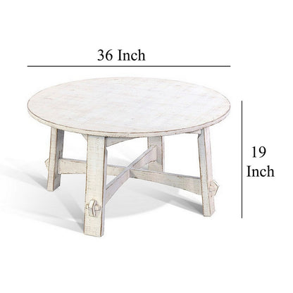 Rena Rustic Coffee Table, 36 Inch Round Top, Distressed White Wood