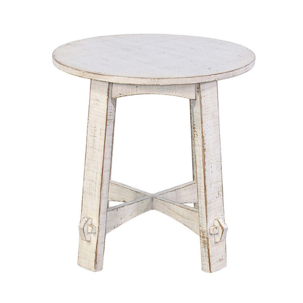 Rena Rustic Side End Table, X Legs, 24in Round, Distressed White Wood