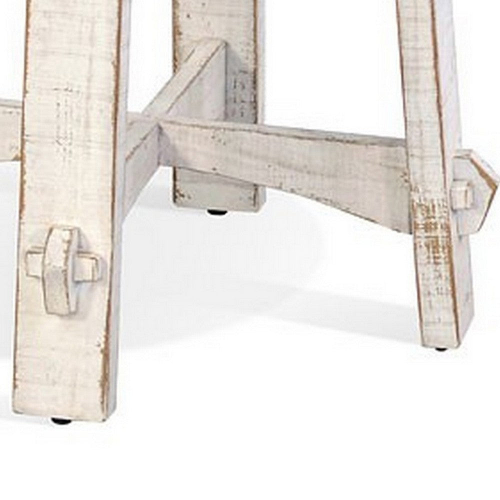 Rena Rustic Side End Table, X Legs, 24in Round, Distressed White Wood