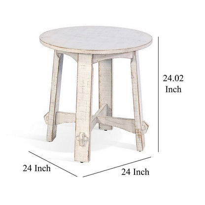 Rena Rustic Side End Table, X Legs, 24in Round, Distressed White Wood