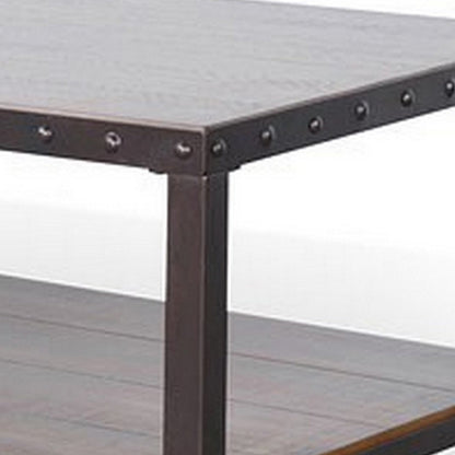 Ayka Coffee Table w Shelf, Nailhead Accent, 48 Inch Rectangular Brown