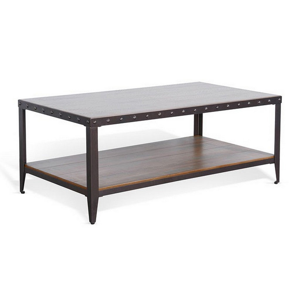 Ayka Coffee Table w Shelf, Nailhead Accent, 48 Inch Rectangular Brown