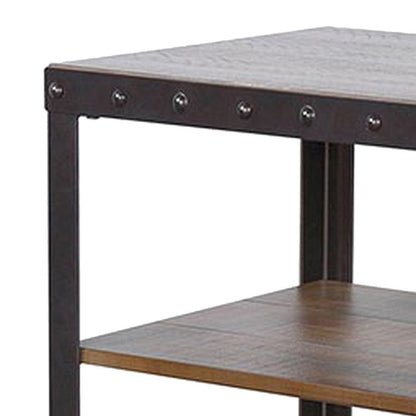 Ayka Chairside Table w 2 Shelf, Nailhead, 28 Inch Rectangular Brown