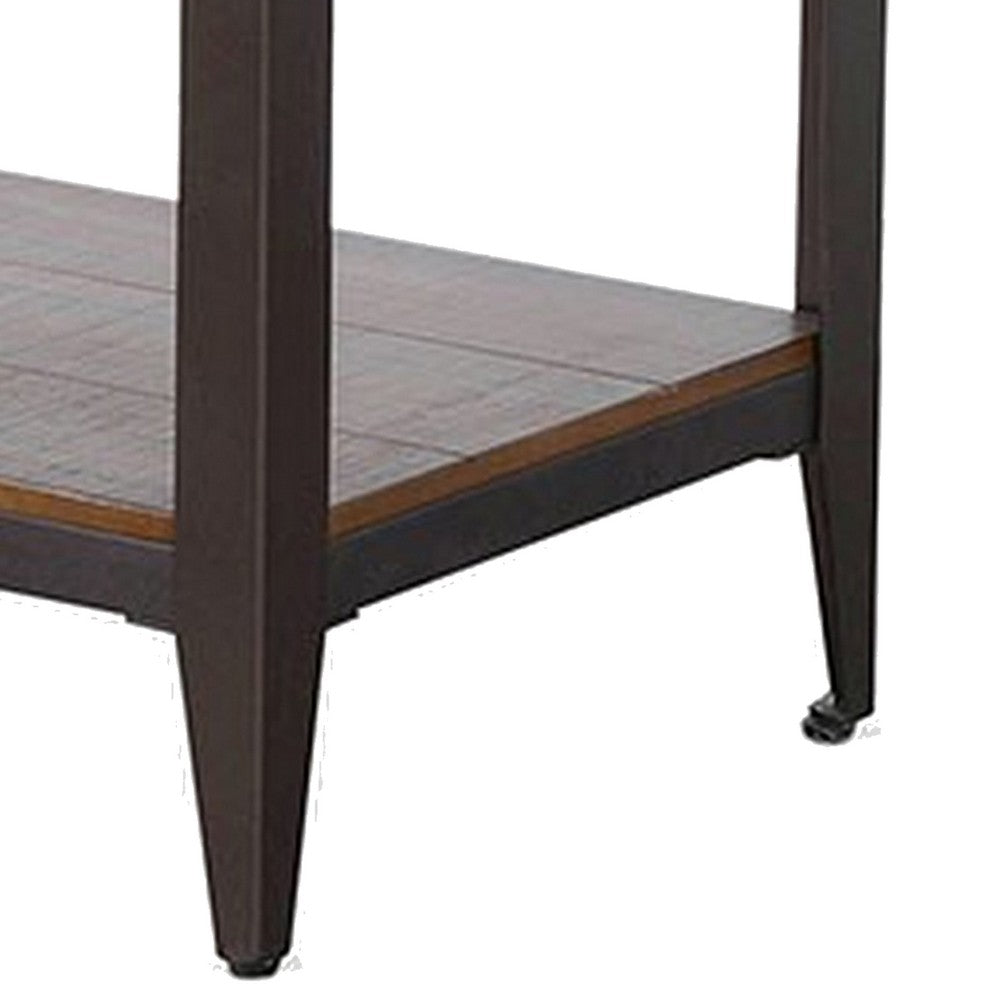 Ayka Chairside Table w 2 Shelf, Nailhead, 28 Inch Rectangular Brown