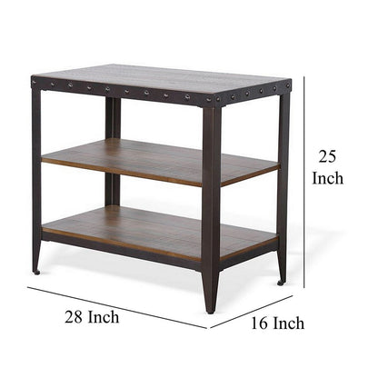 Ayka Chairside Table w 2 Shelf, Nailhead, 28 Inch Rectangular Brown
