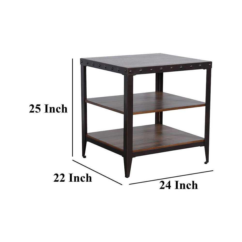 Ayka Side End Table w 2 Shelf, Nailhead, 24 Inch Rectangular Brown