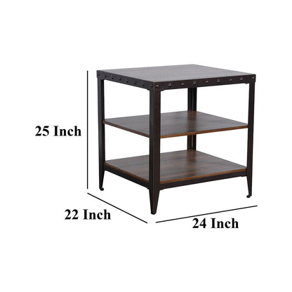 Ayka Side End Table w 2 Shelf, Nailhead, 24 Inch Rectangular Brown