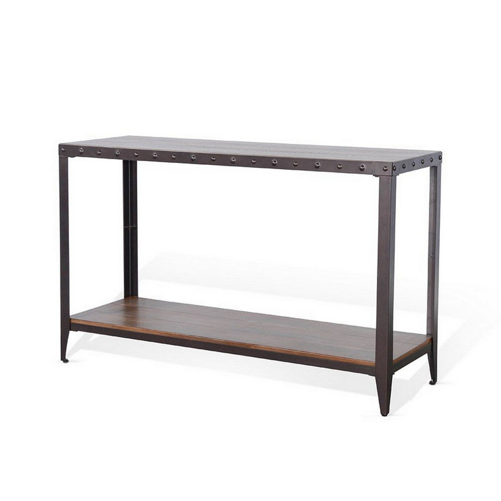 Ayka Sofa Table w Shelf, Nailhead Accent, 48 Inch Rectangular Brown