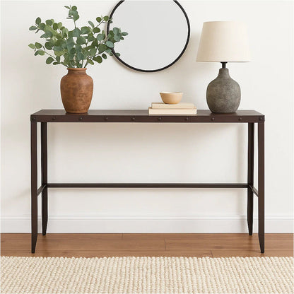 Ayka Sofa Bar Table w Nailhead Accent, 60 Inch Rectangular Brown Wood