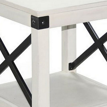Sime Side End Table w Shelf, X Panel, 20 Inch Square Off White Wood