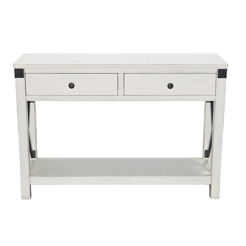 Sime Sofa Table w Shelf, 2 Drawers, 44 Inch Rectangular Off White Wood