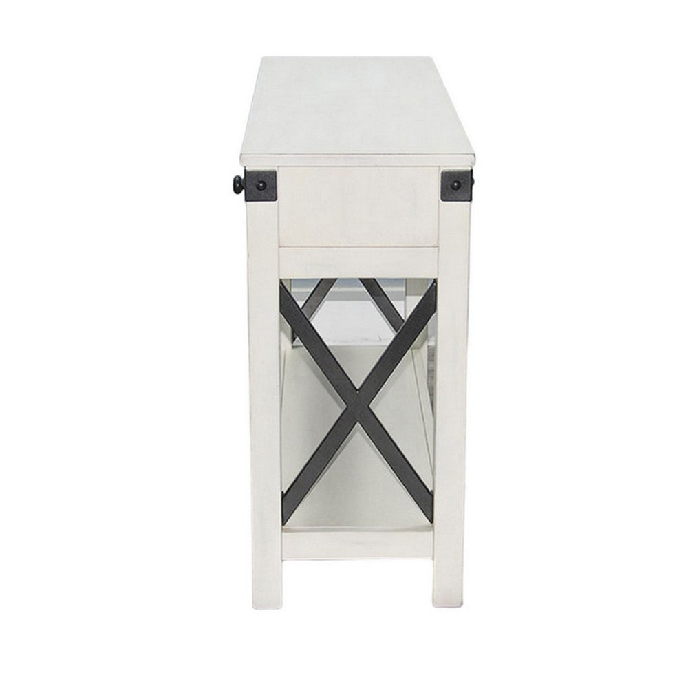 Sime Sofa Table w Shelf, 2 Drawers, 44 Inch Rectangular Off White Wood