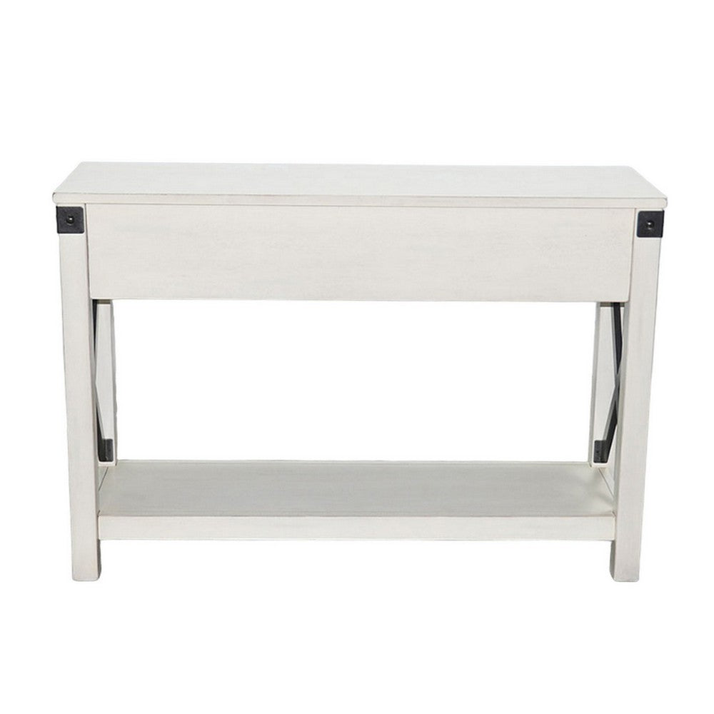 Sime Sofa Table w Shelf, 2 Drawers, 44 Inch Rectangular Off White Wood