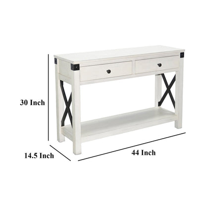 Sime Sofa Table w Shelf, 2 Drawers, 44 Inch Rectangular Off White Wood