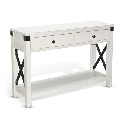 Sime Sofa Table w Shelf, 2 Drawers, 44 Inch Rectangular Off White Wood