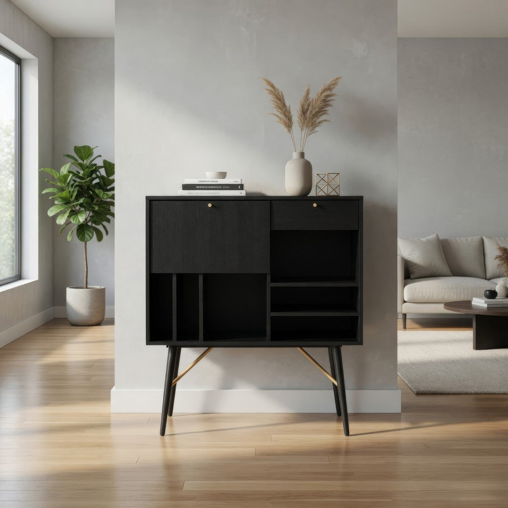 Belo Accent Buffet Sideboard, 6 Shelves, Gold Accent, Black, 42 Inch
